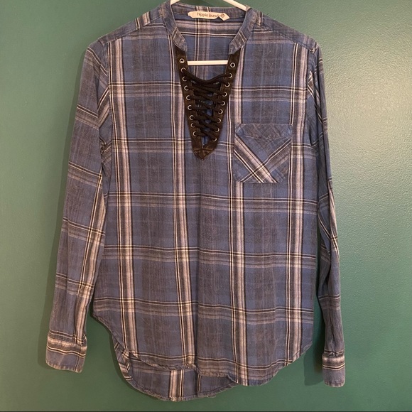 Hippie Laundry Plaid, Lace-Up Long Sleeve Top - Medium - Picture 1 of 2